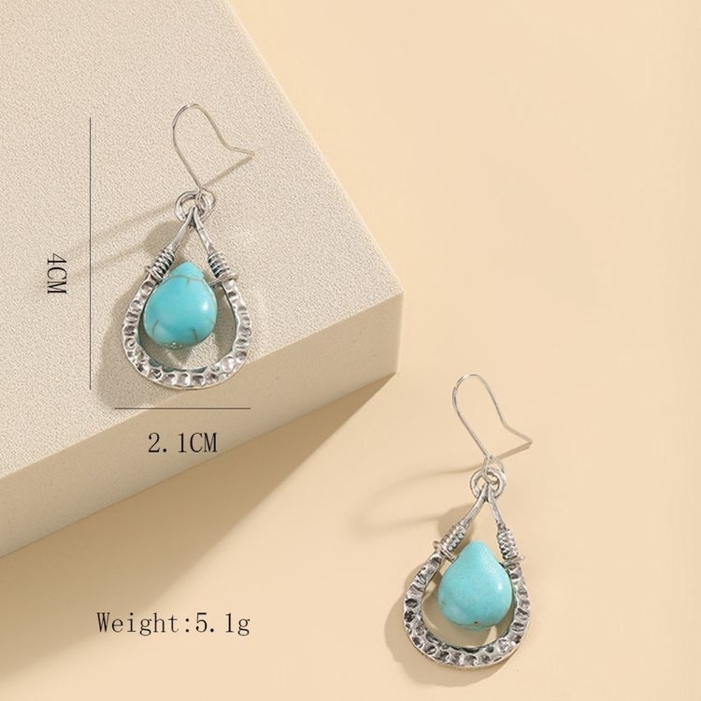 Boho Chic Festival Faux Turquoise and silver tone dangle earrings - Picture 5 of 6